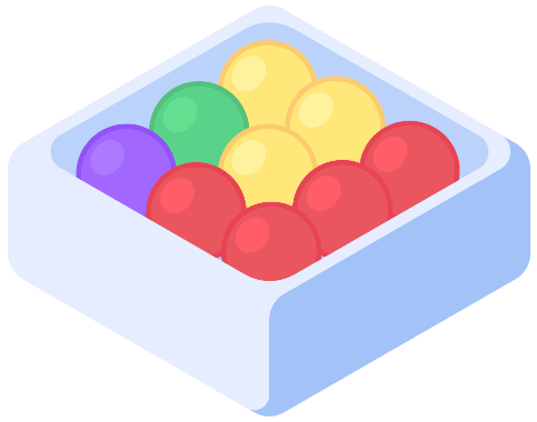 red, yellow, green and purple balls in the box - logic puzzle illustration